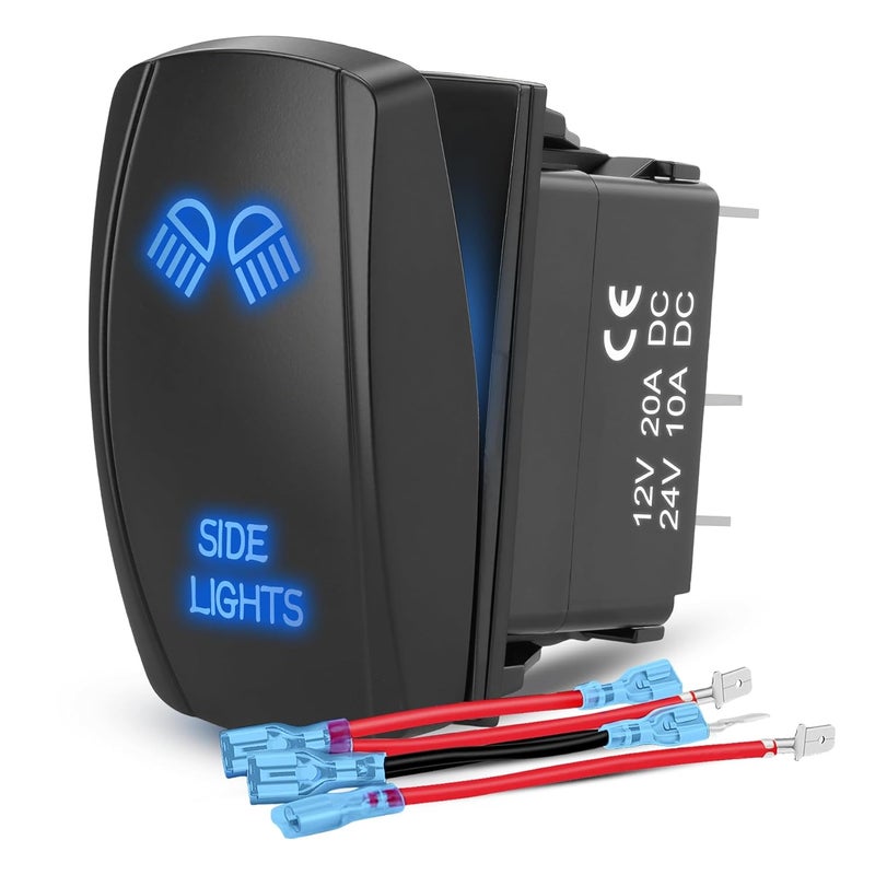 Weasch Side Lights Latching Rocker Switch, On/Off SPST 5Pin, 20A/12V 10A/24V, with Jumper Wires Set for Cars Jeeps Trucks RVs, Blue - Image 1